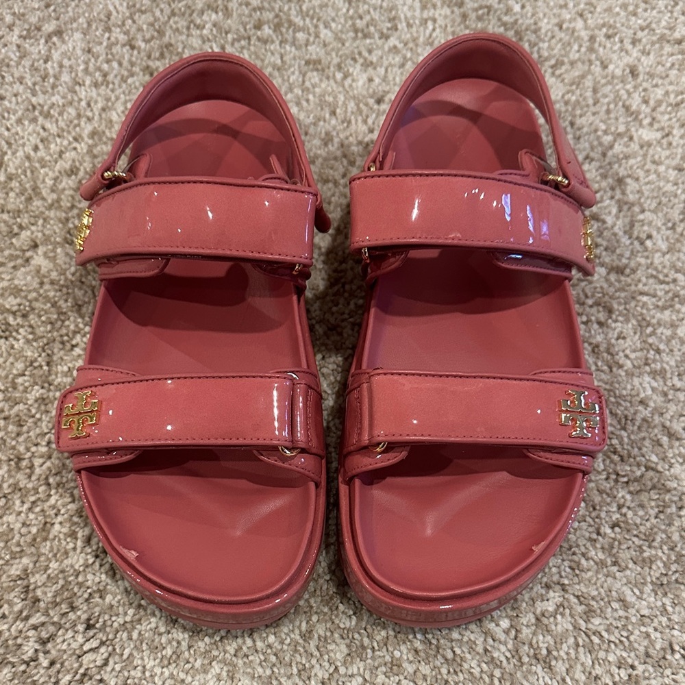 Tory Burch Women’s Coral Patent Velcro Sandals with Gold Logo